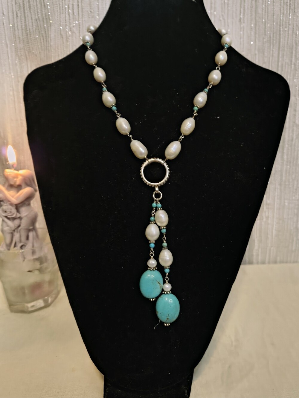 Sally C Treasures Sterling Silver Pearl Turquoise Lariat Y-Necklace 925
